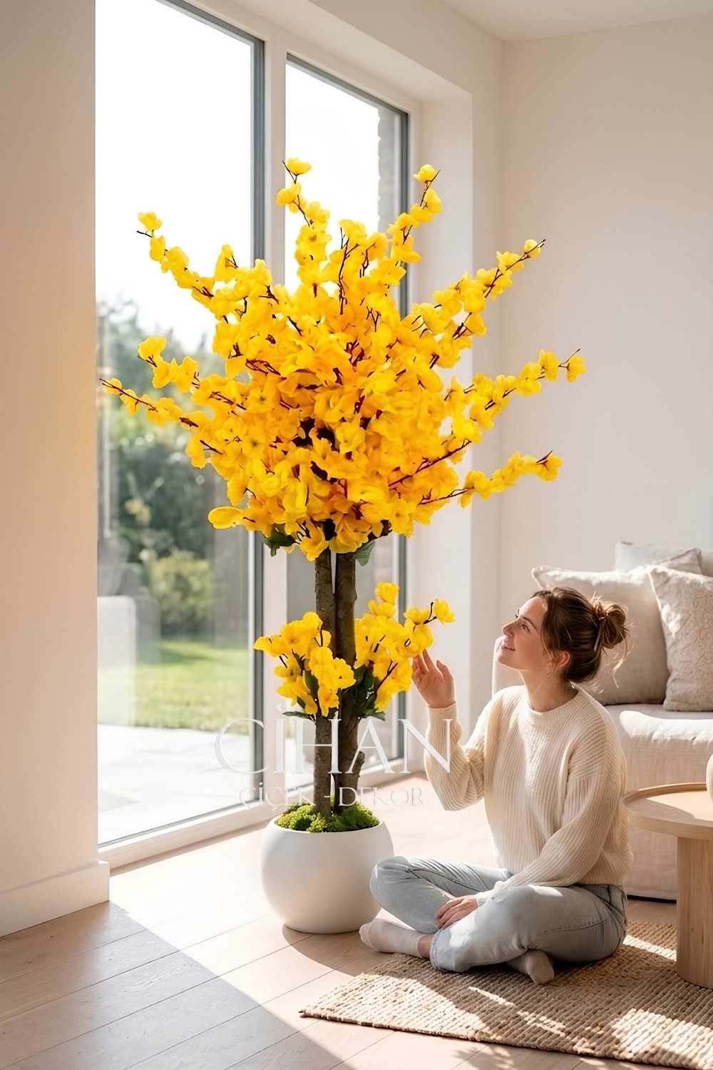 Yapay Sarı Japon Bahar Dalı Ağacı 100 cm 27*33 Beyaz Küre Saksılı