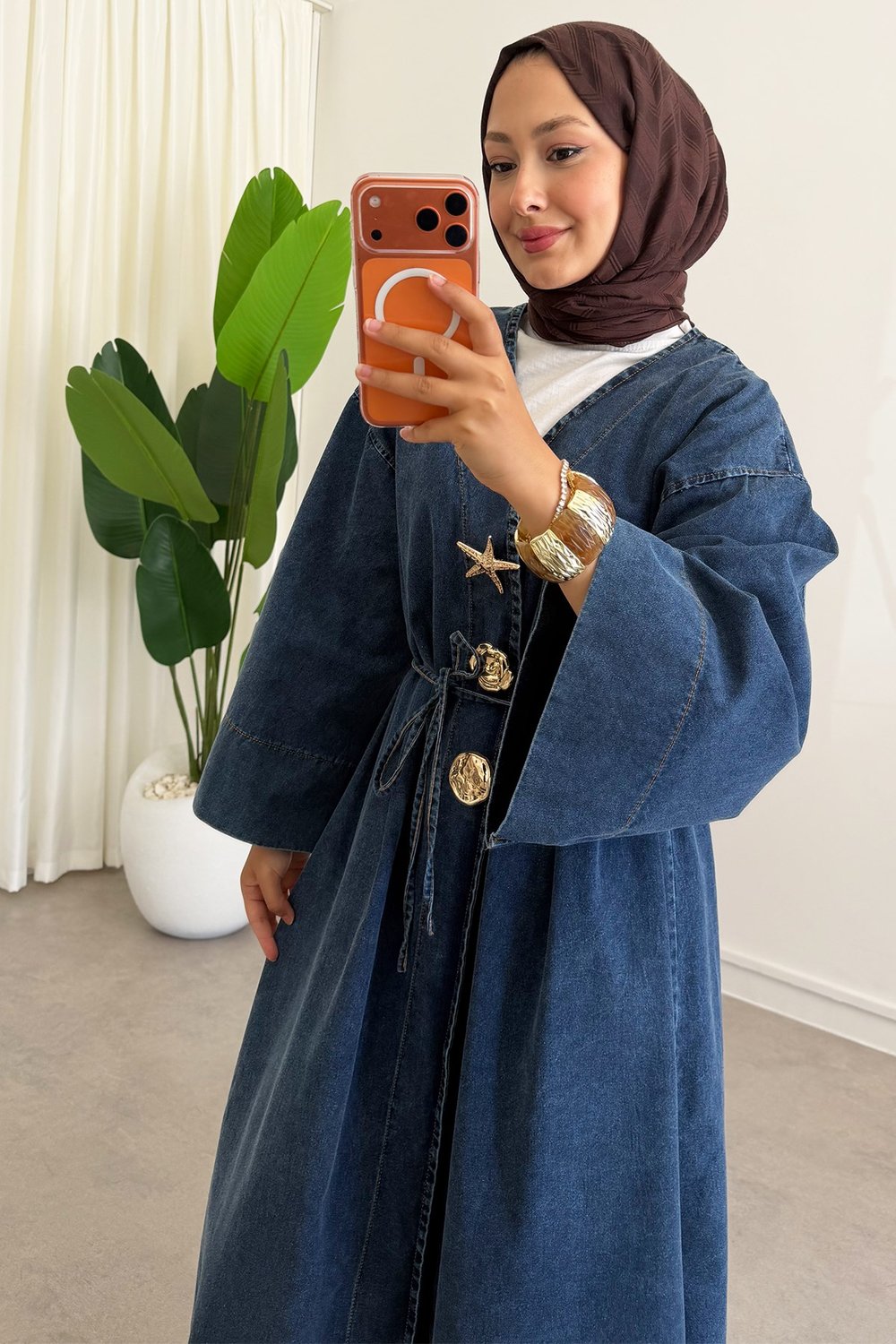  Denim Kimono Elbise - Açık Kot