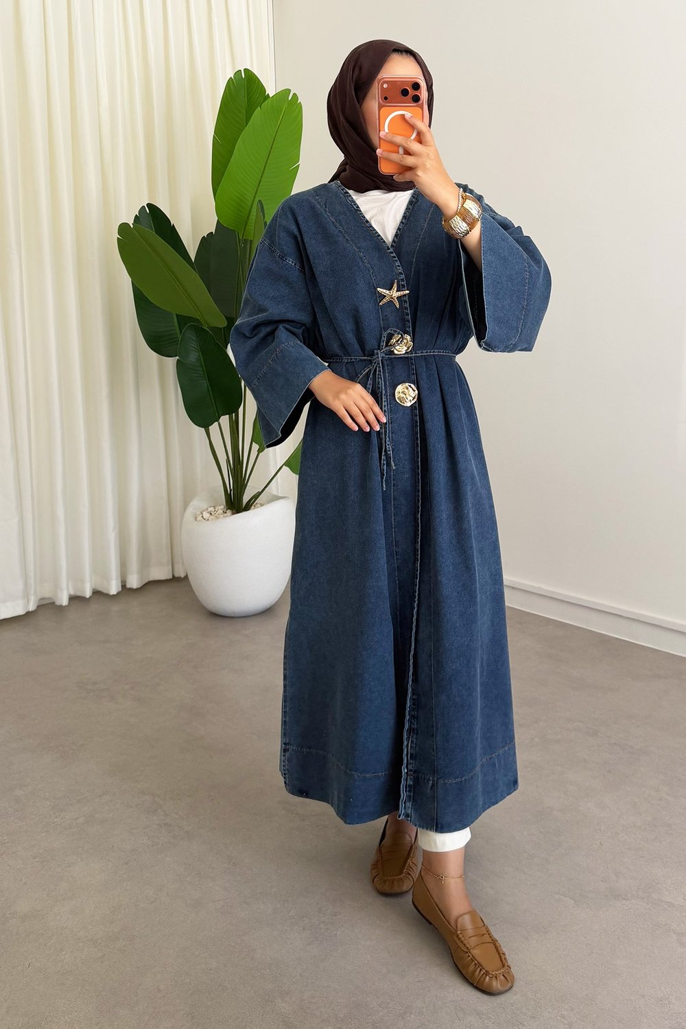  Denim Kimono Elbise - Açık Kot