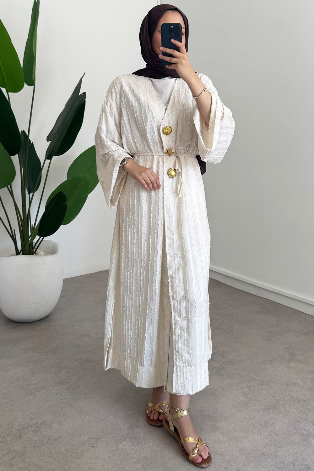  Keten Kimono Elbise - Bej