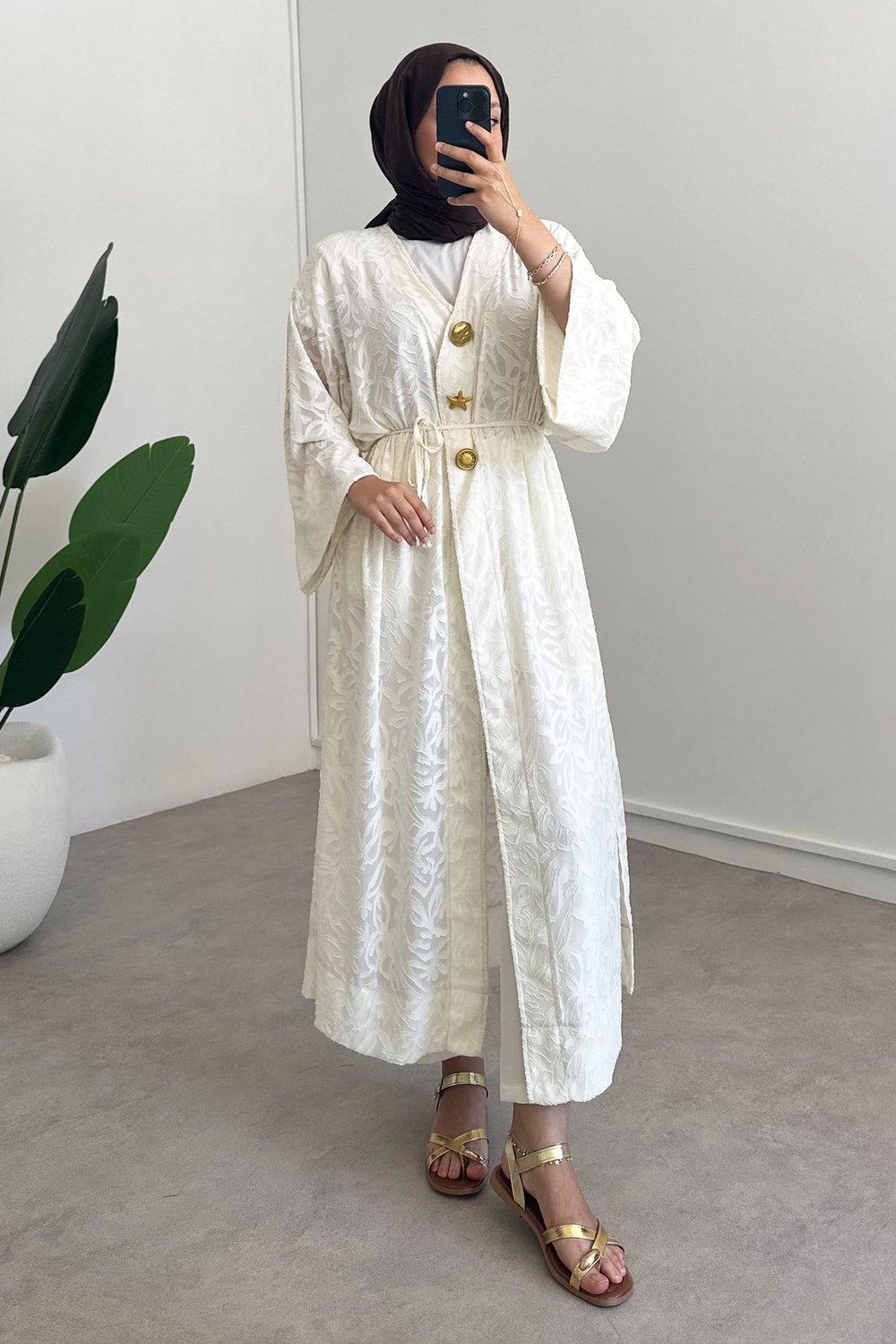 Keten Kimono Elbise - Bej