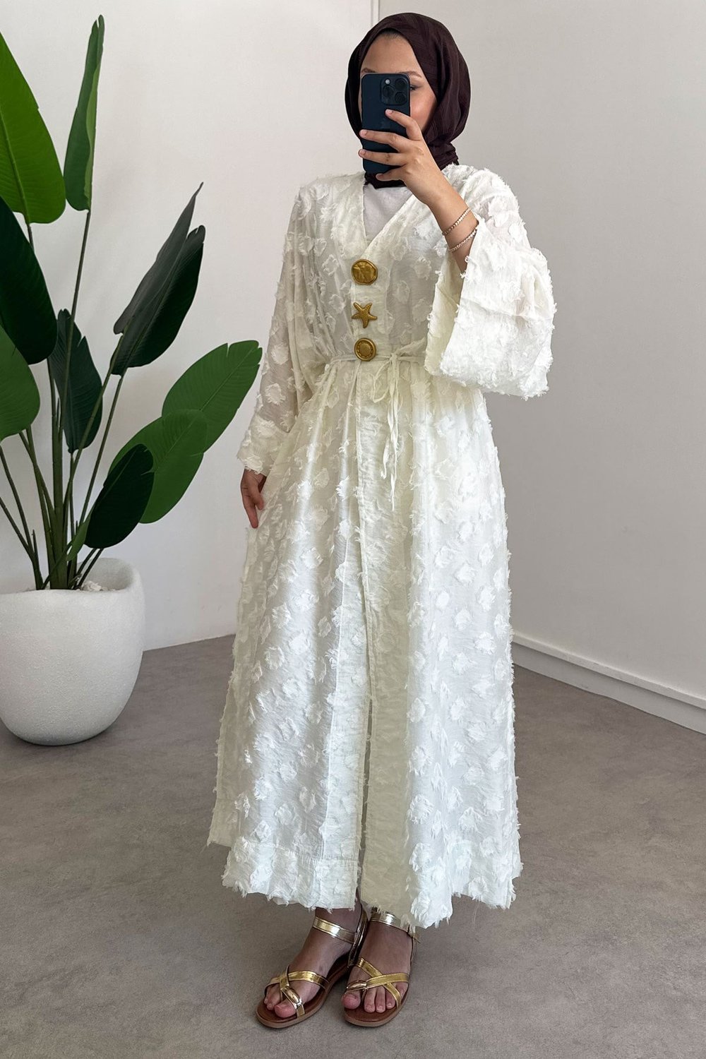  Keten Kimono Elbise - Ekru