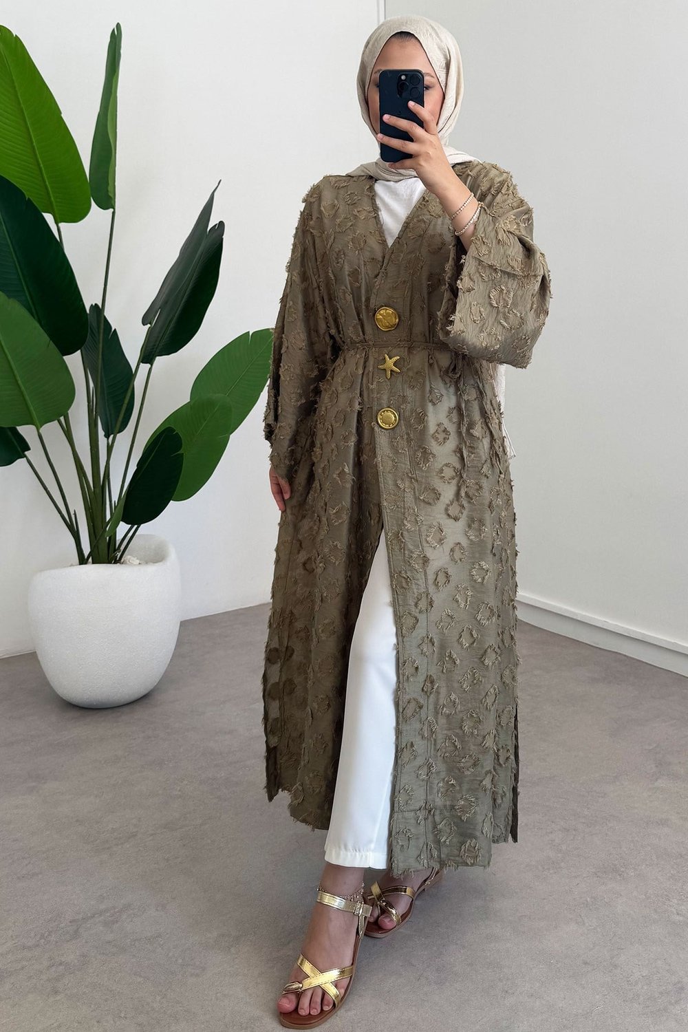  Keten Kimono Elbise - Haki Yeşil