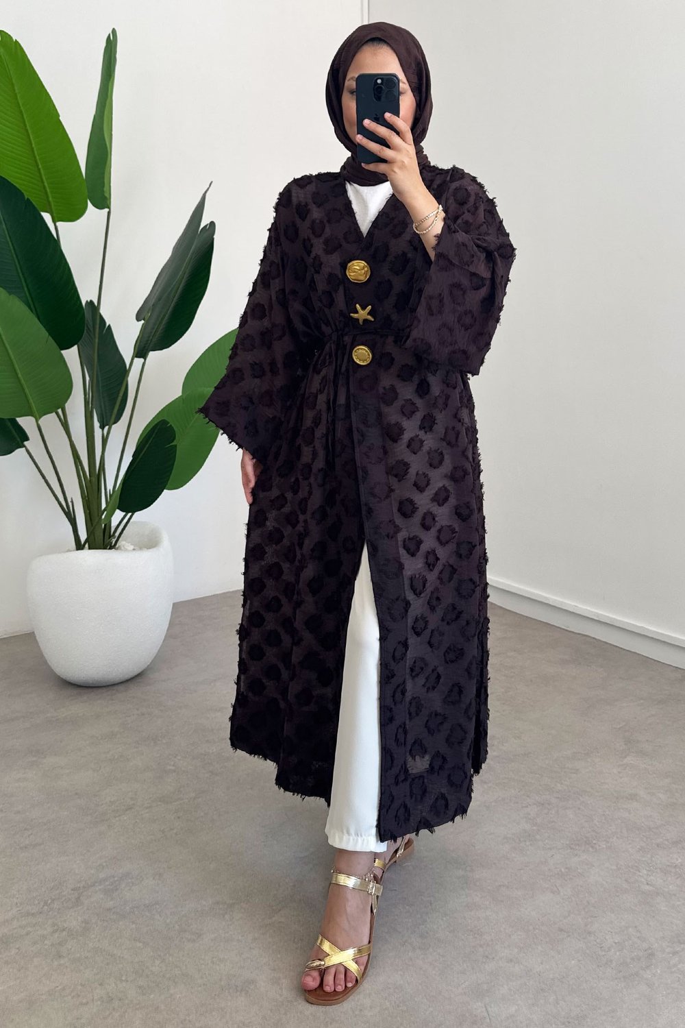  Keten Kimono Elbise - Kahverengi