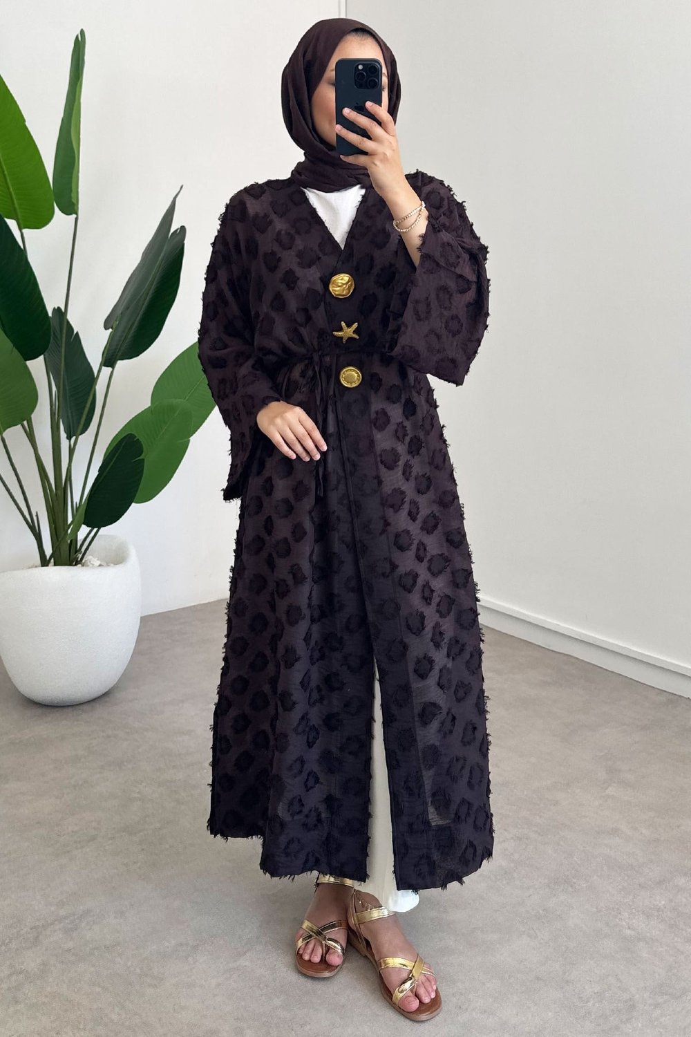  Keten Kimono Elbise - Kahverengi