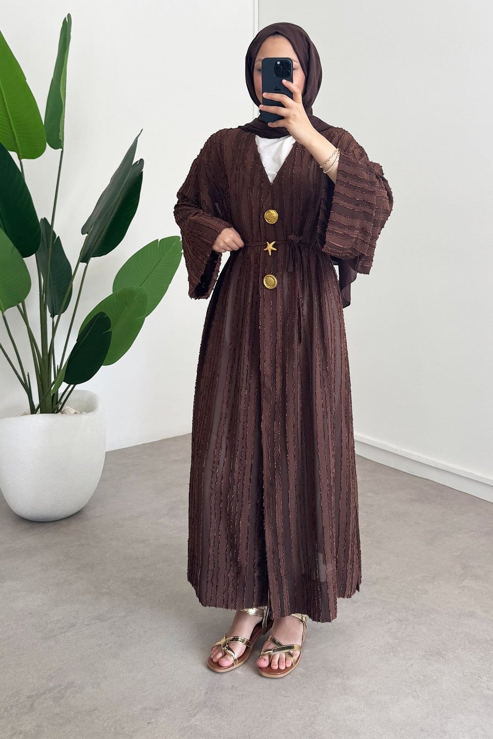  Keten Kimono Elbise - Kahverengi