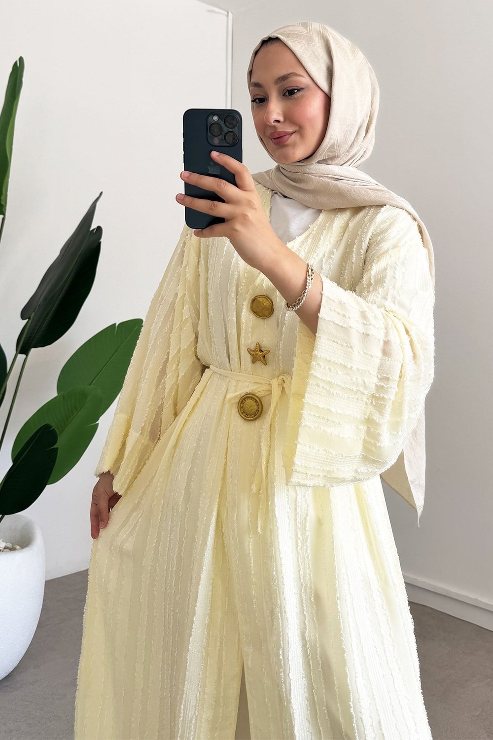  Keten Kimono Elbise - Sarı