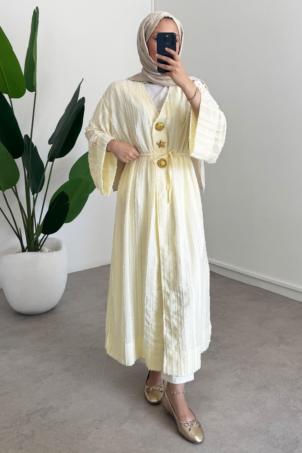  Keten Kimono Elbise - Sarı
