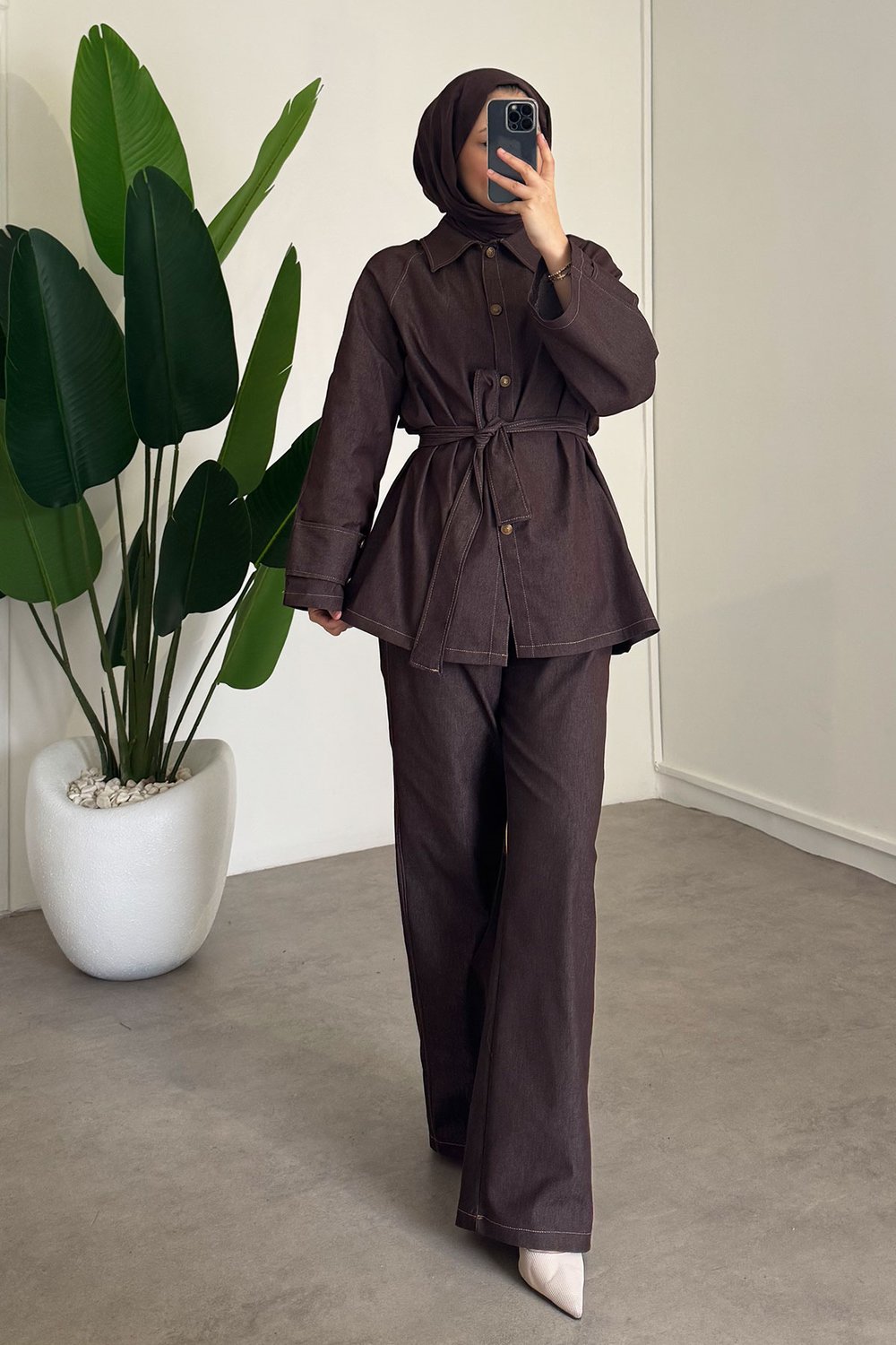 Apoletli Denim Takım - Kahverengi