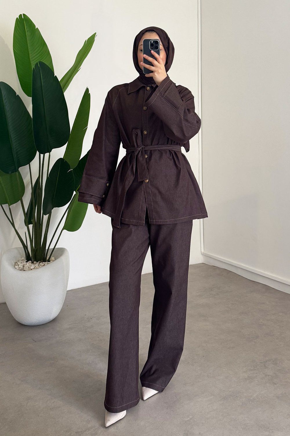 Apoletli Denim Takım - Kahverengi