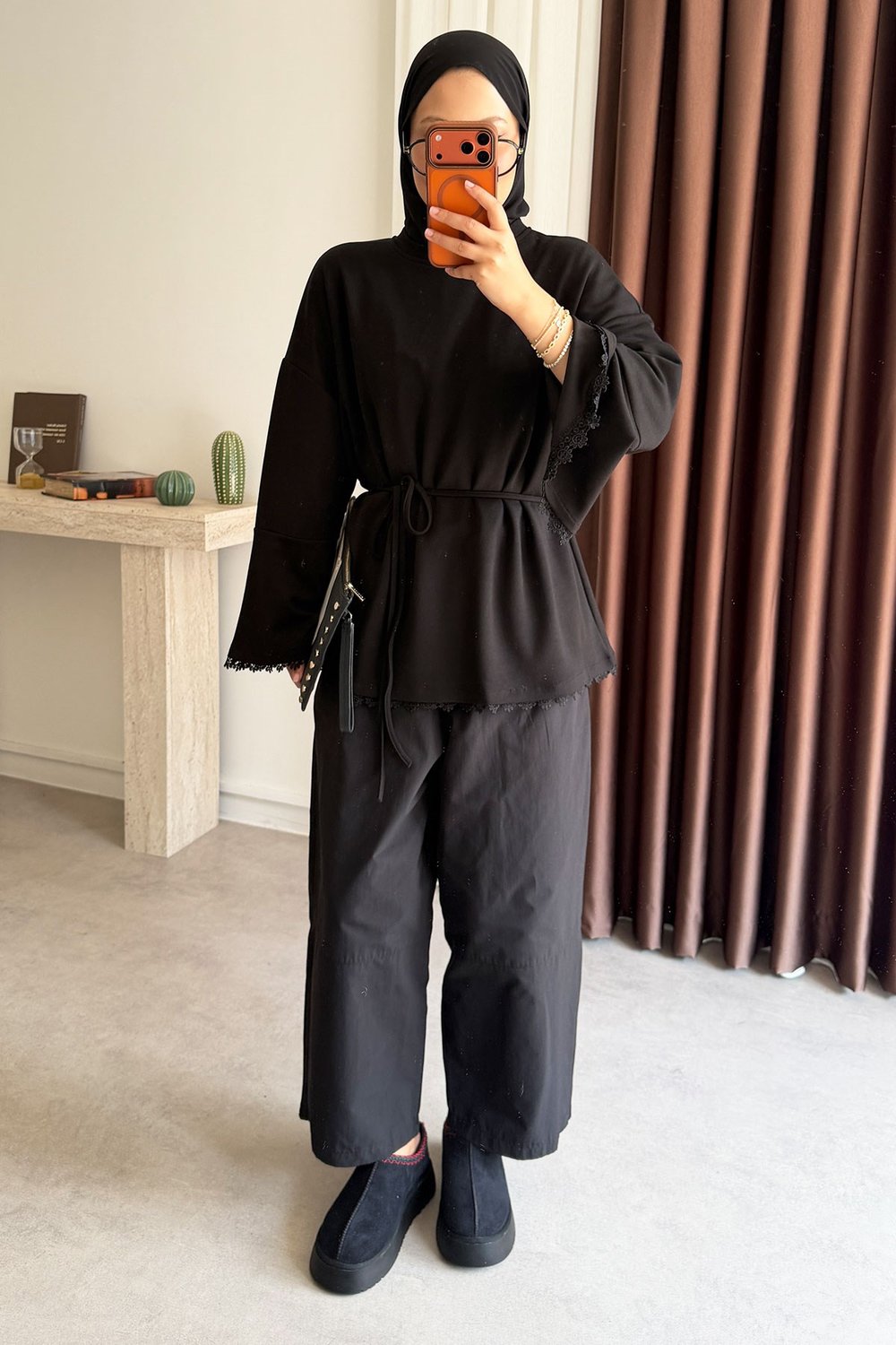 Bagcıklı Dantel Tunik - Siyah