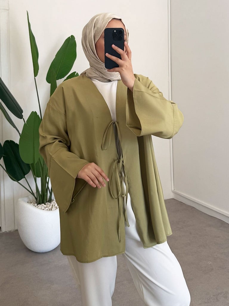 Baglama Detay Kimono - Olive