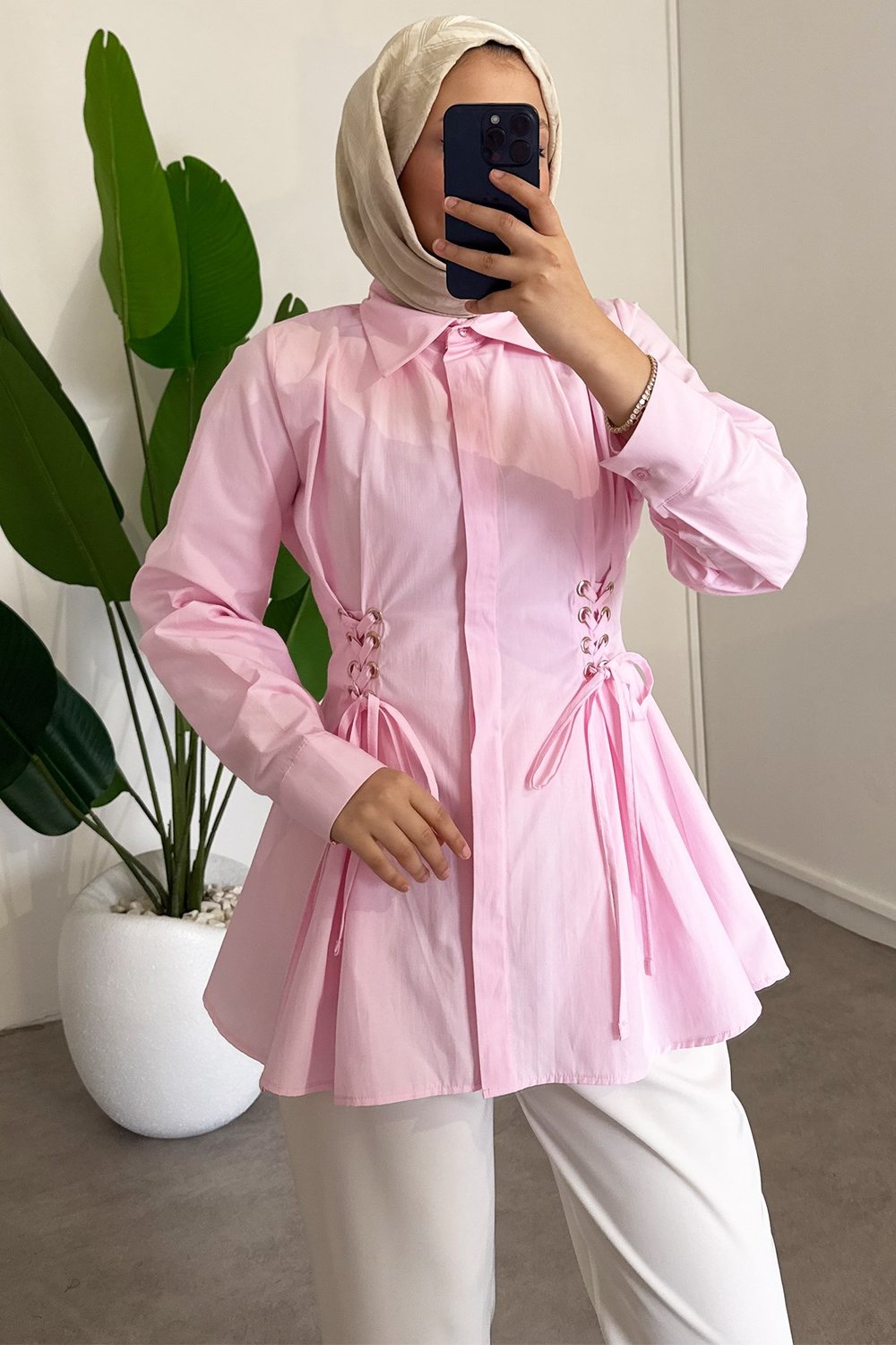 Bel Büzgülü Gömlek - Pembe