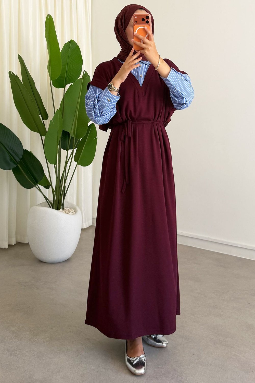 Biye Garnili Elbise - Mürdüm