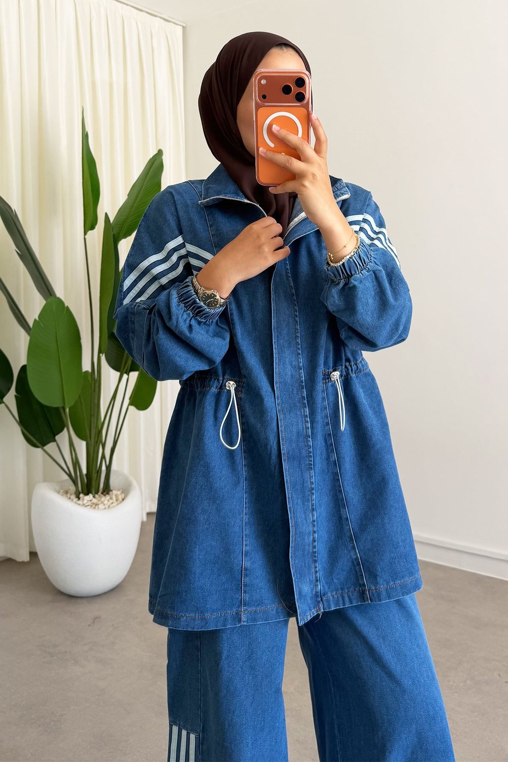 Biyeli Denim Takım - Açık Kot