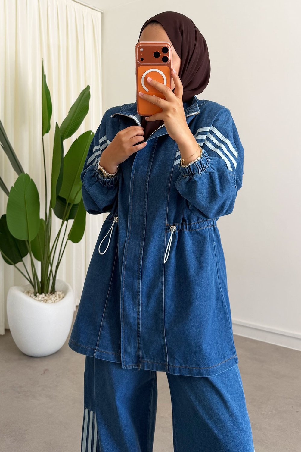 Biyeli Denim Takım - Açık Kot