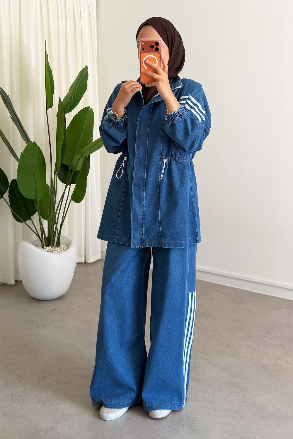 Biyeli Denim Takım - Açık Kot