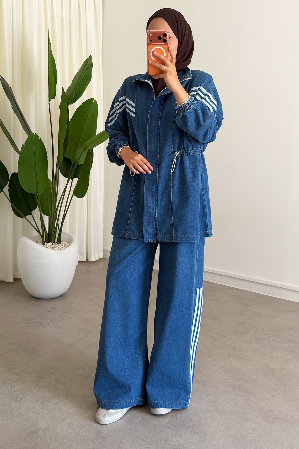 Biyeli Denim Takım - Açık Kot