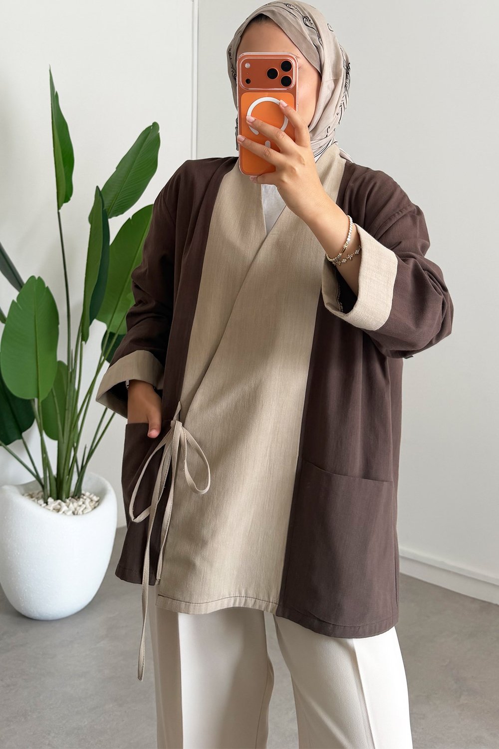 Biyeli Garnili Ceket - Kahverengi