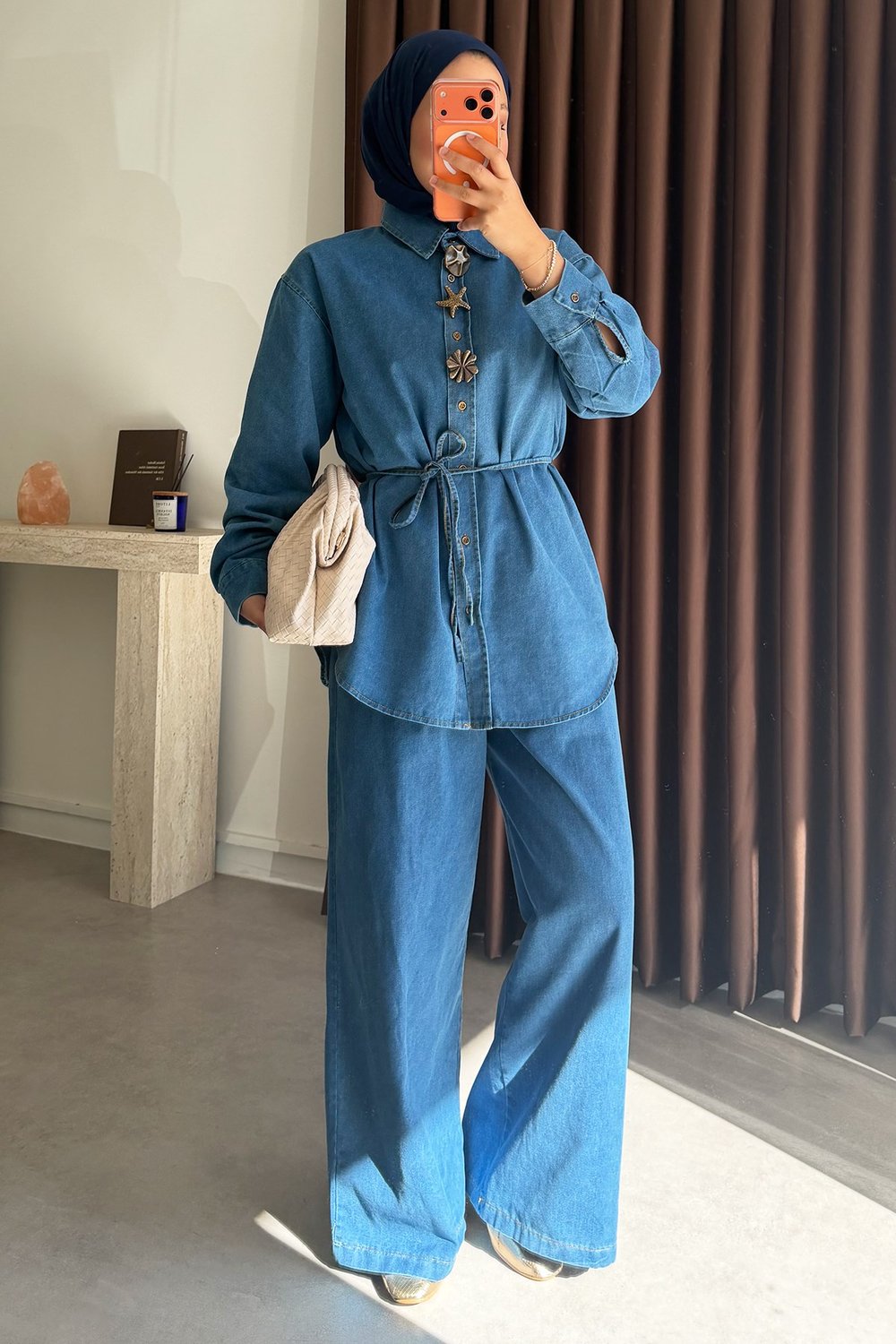 Broşlu Denim Takım - Açık Kot