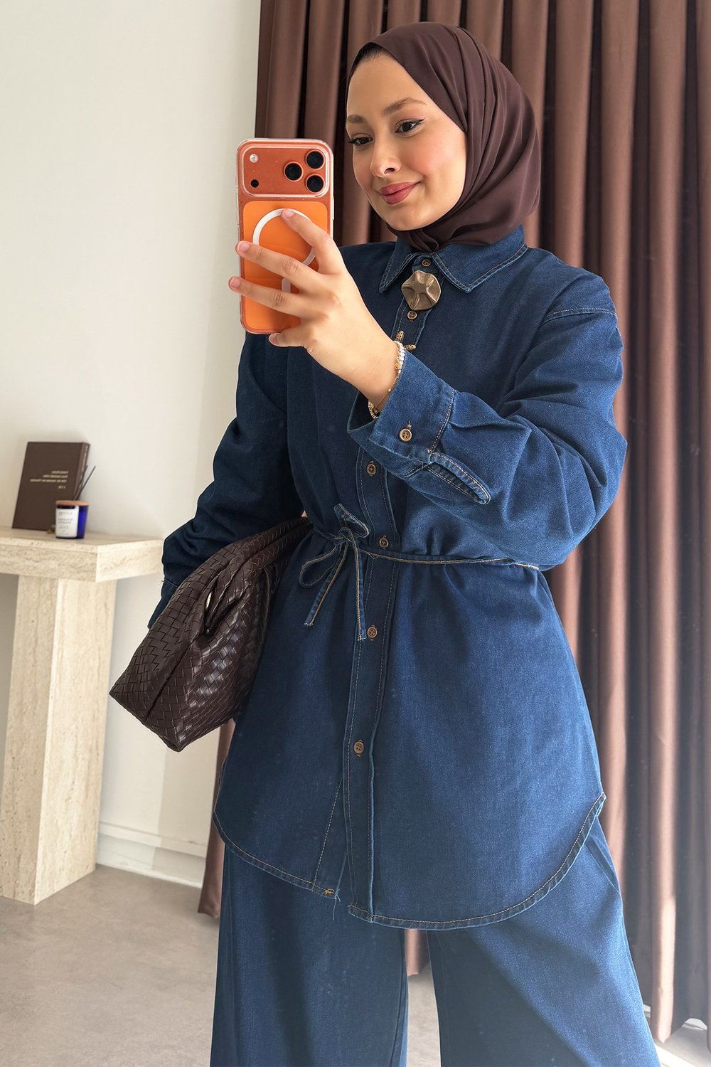 Broşlu Denim Takım - Koyu Kot