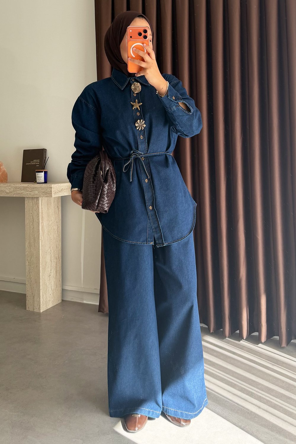 Broşlu Denim Takım - Koyu Kot
