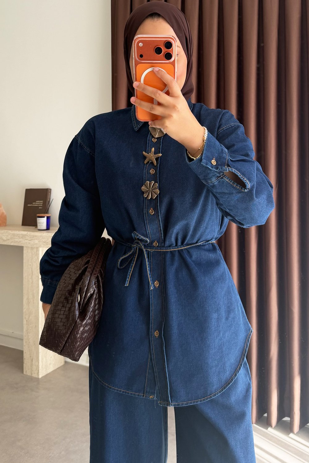 Broşlu Denim Takım - Koyu Kot