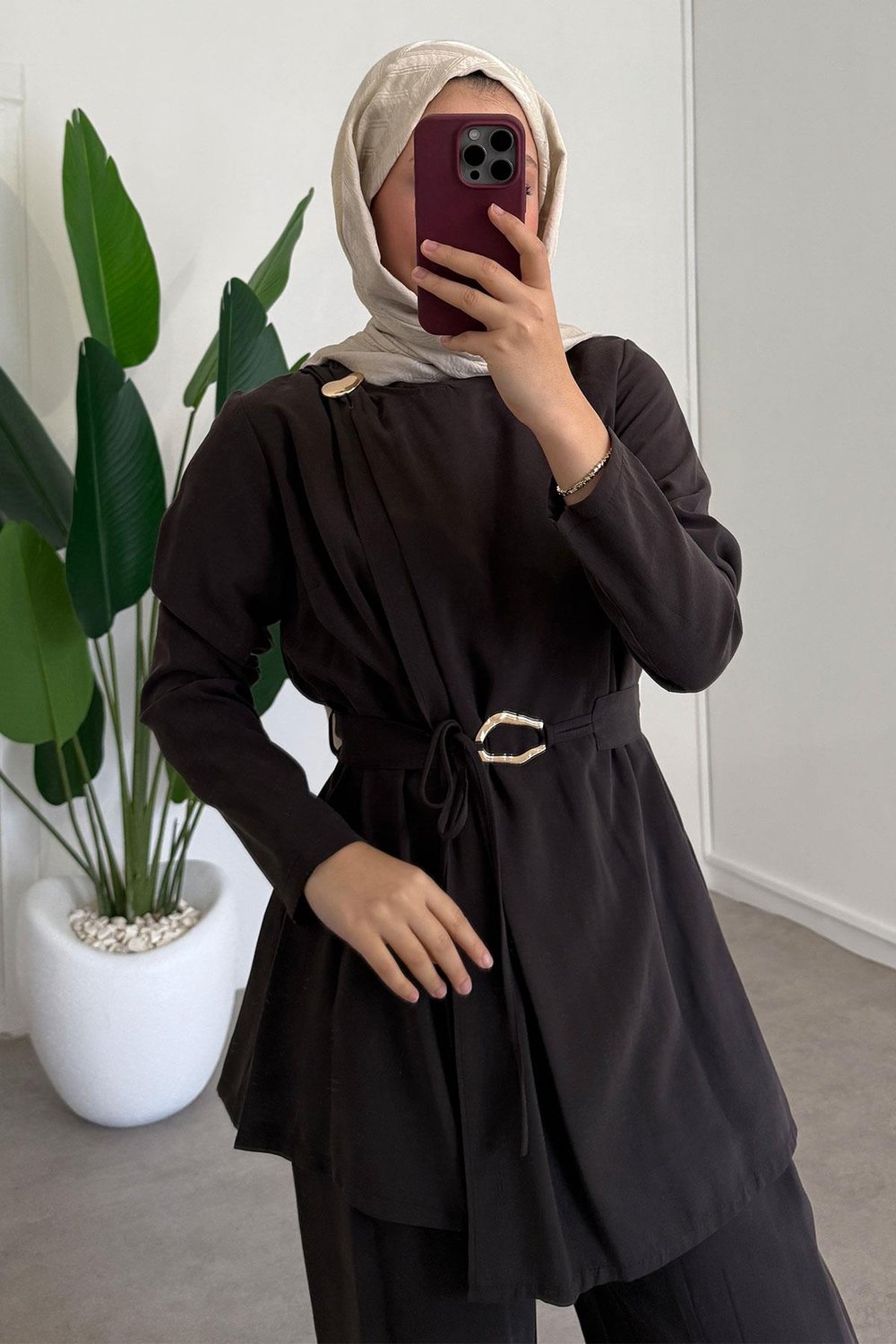 Broşlu Modal Takım - Kahverengi
