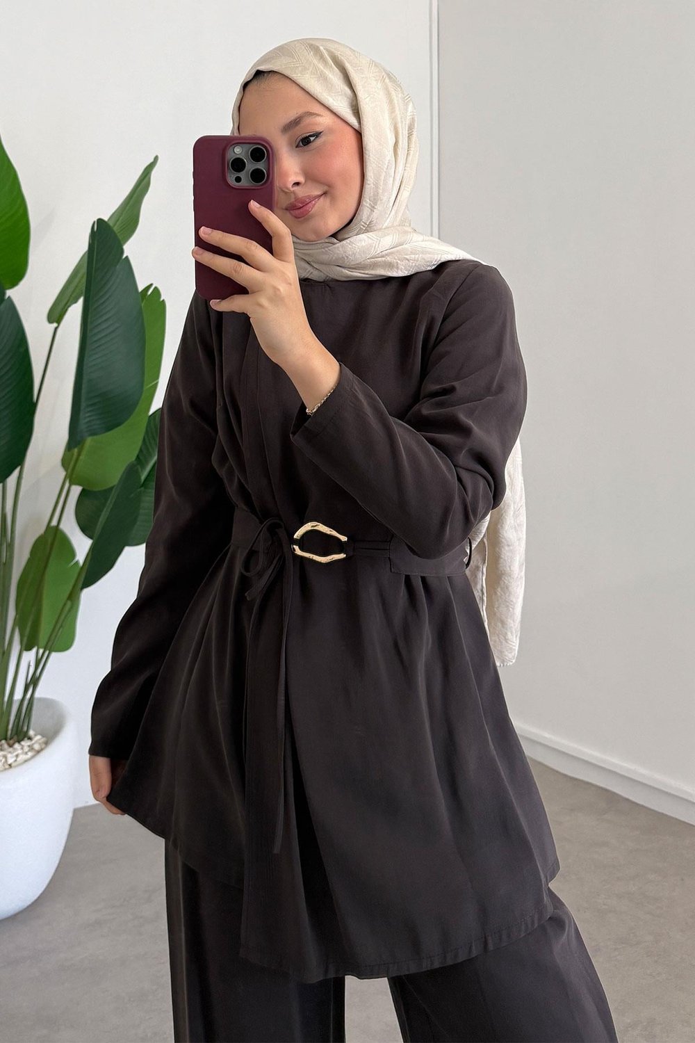 Broşlu Modal Takım - Kahverengi