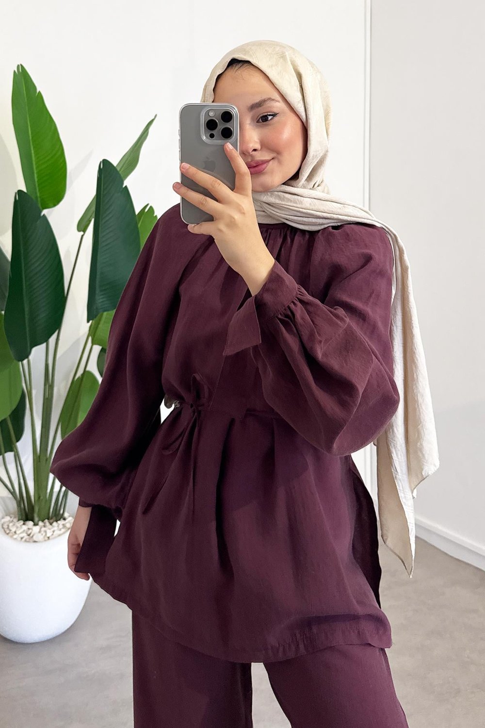 Büzgülü Tunik Takım - Bordo