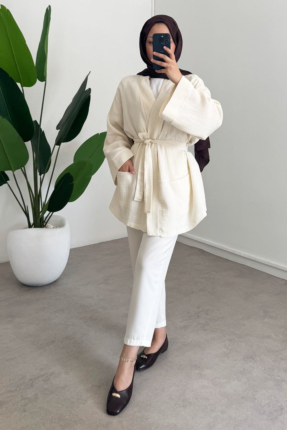 Cep Detay Kimono - Bej