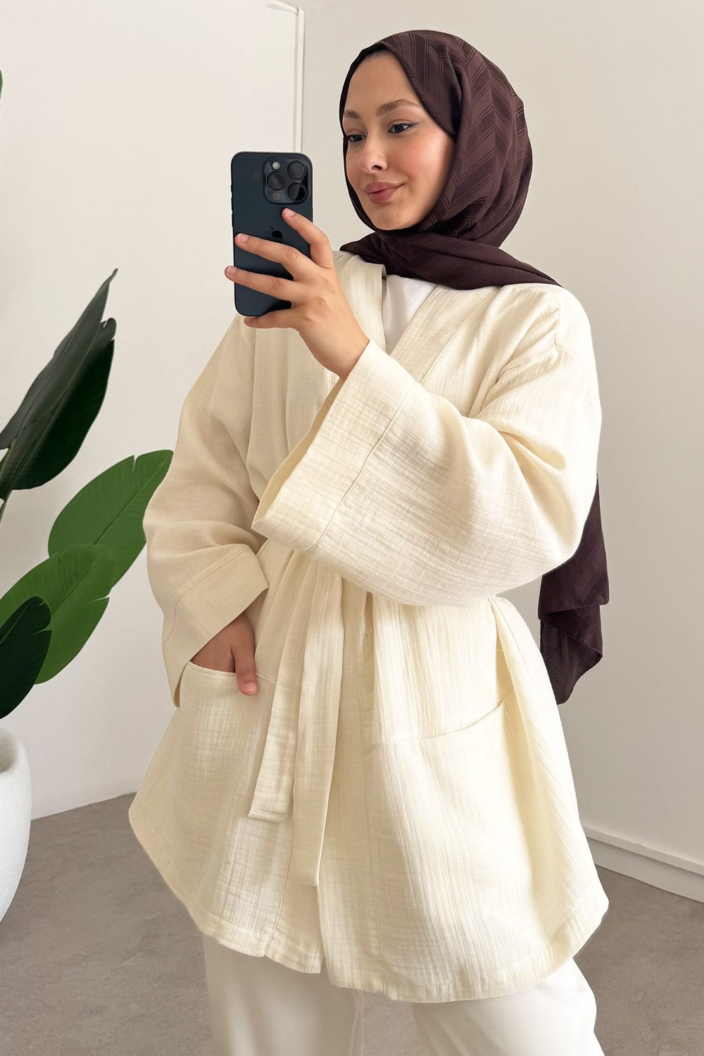 Cep Detay Kimono - Bej