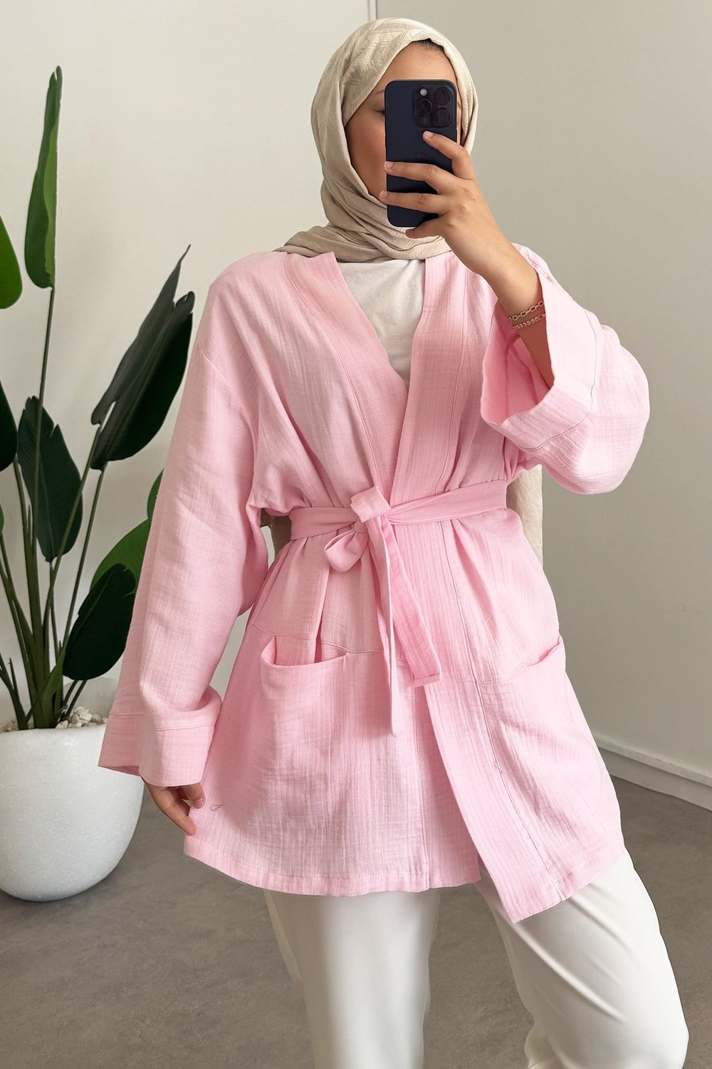 Cep Detay Kimono - Pembe