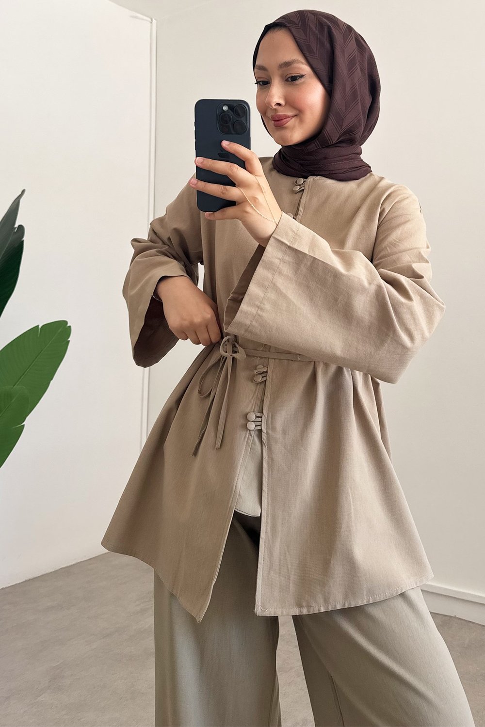 Çift Düğme Keten Takım - Haki Yeşil