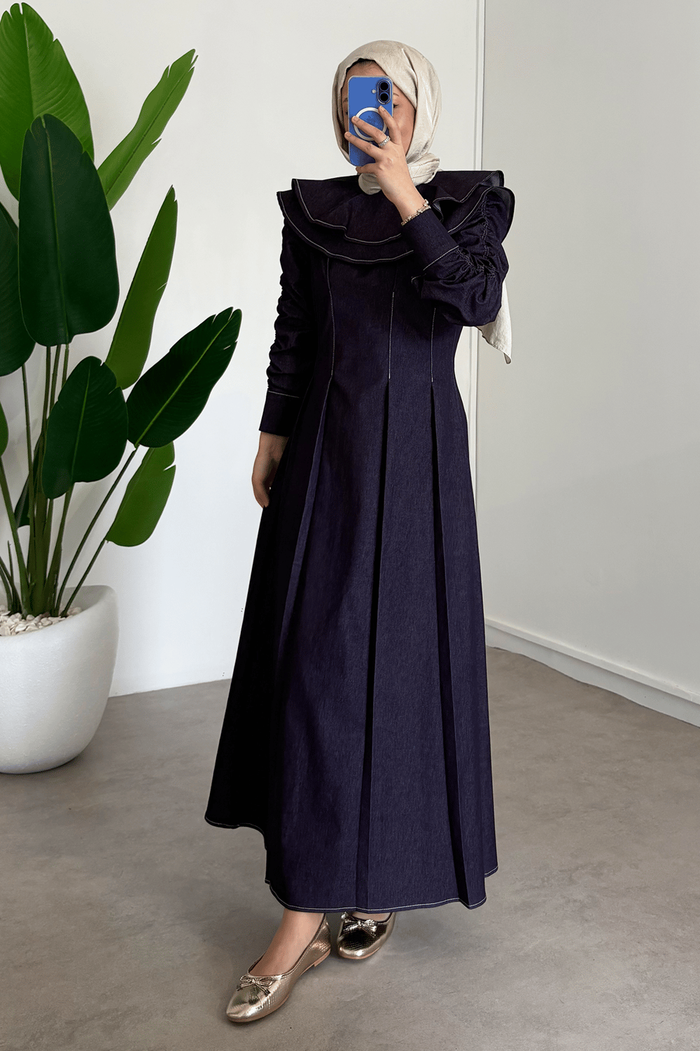 Çift Pelerinli Denim Elbise - Bordo
