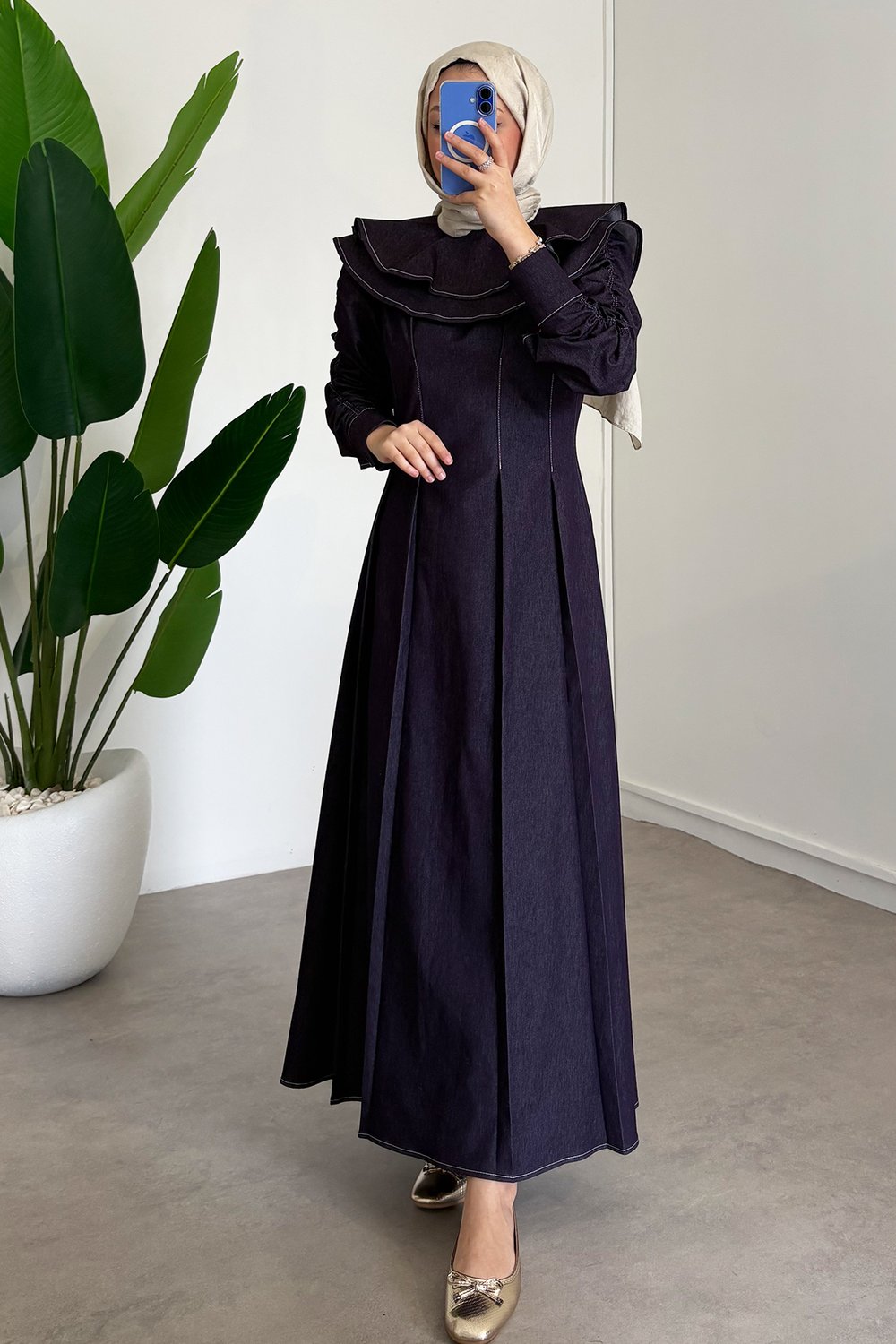 Çift Pelerinli Denim Elbise - Bordo