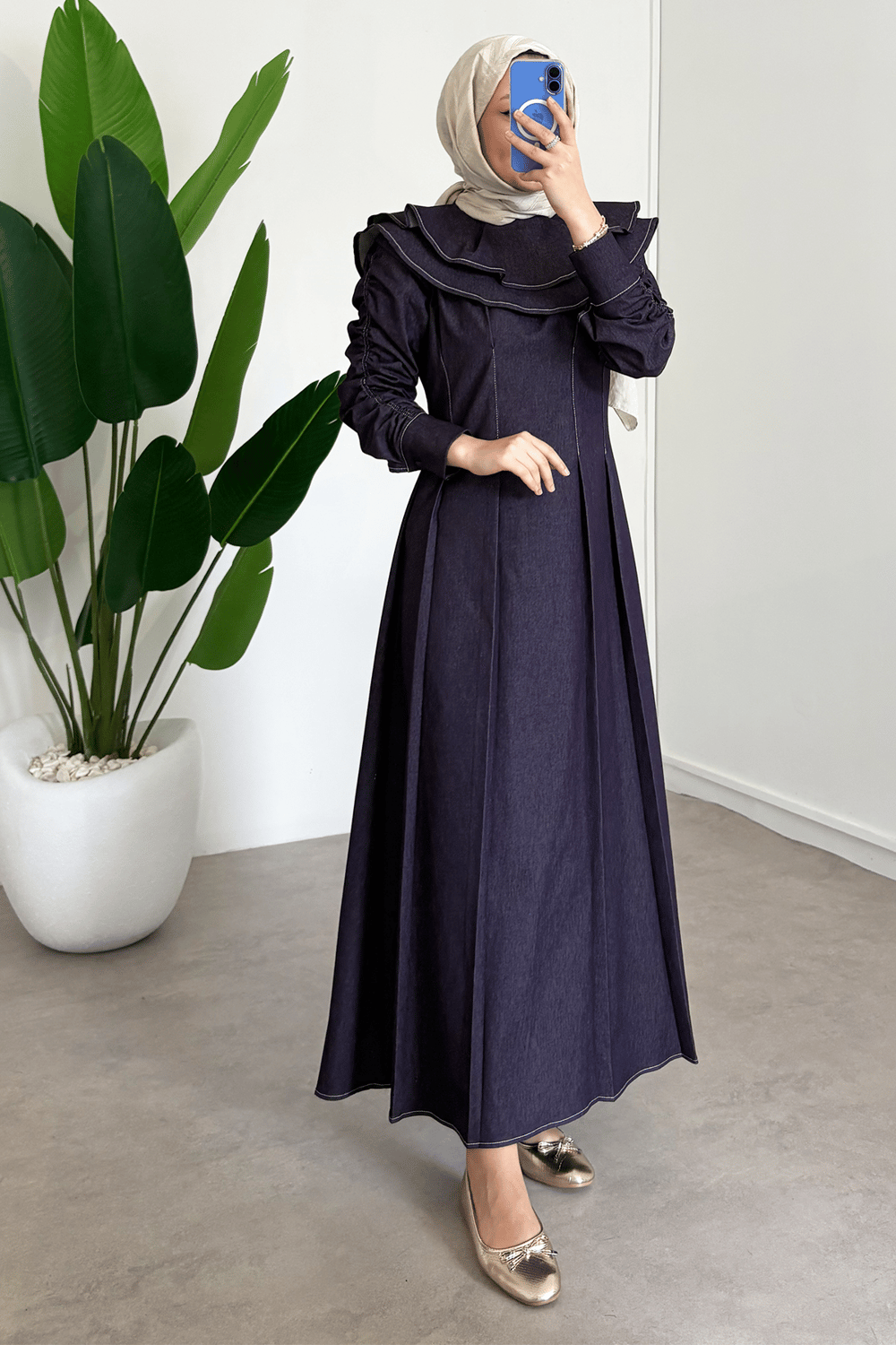 Çift Pelerinli Denim Elbise - Bordo