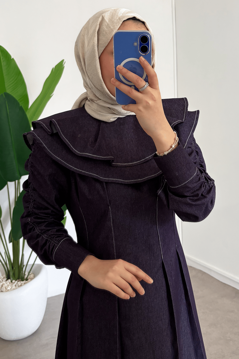 Çift Pelerinli Denim Elbise - Bordo