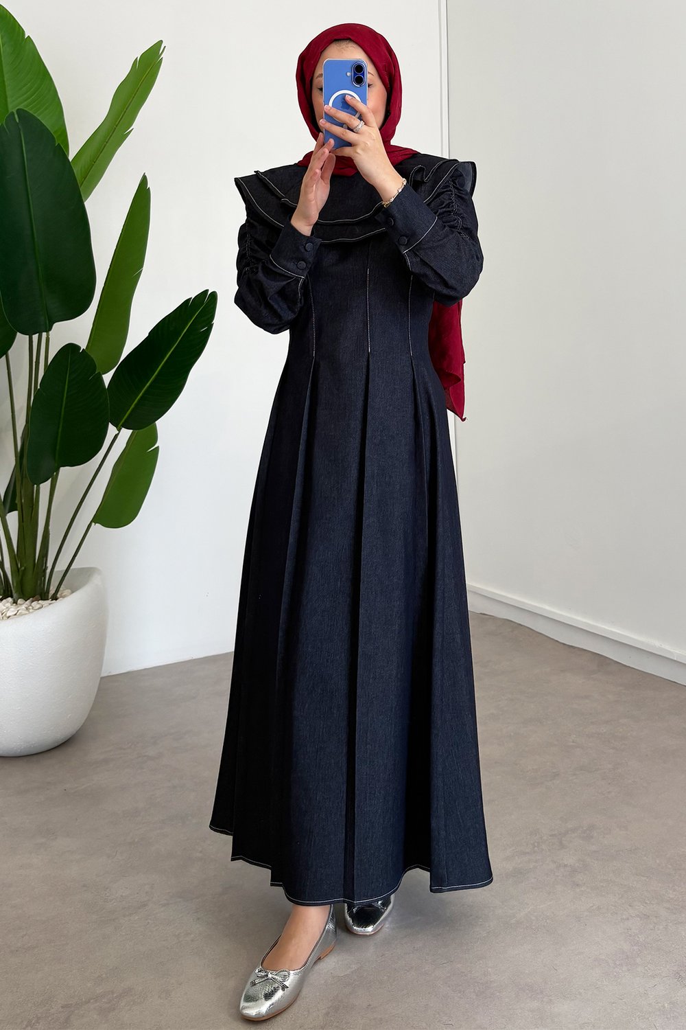 Çift Pelerinli Denim Elbise - Lacivert