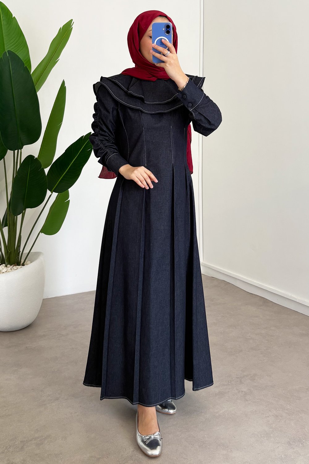 Çift Pelerinli Denim Elbise - Lacivert