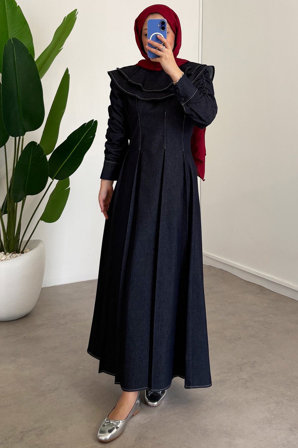Çift Pelerinli Denim Elbise - Lacivert