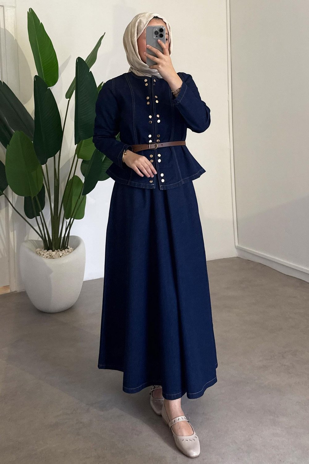 Çıtçıtlı Denim Takım - Koyu Kot