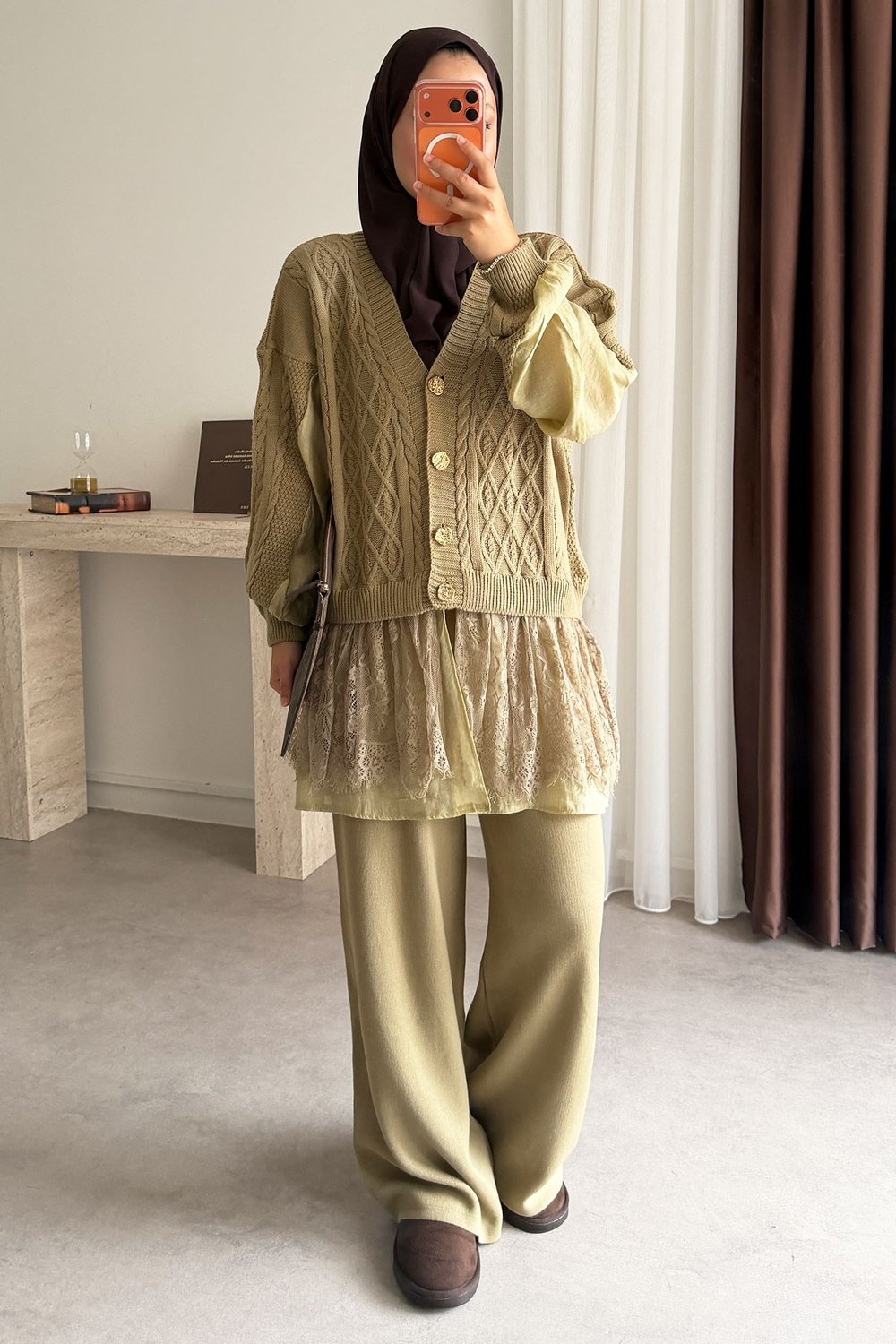 Dantel Triko Takım - Olive