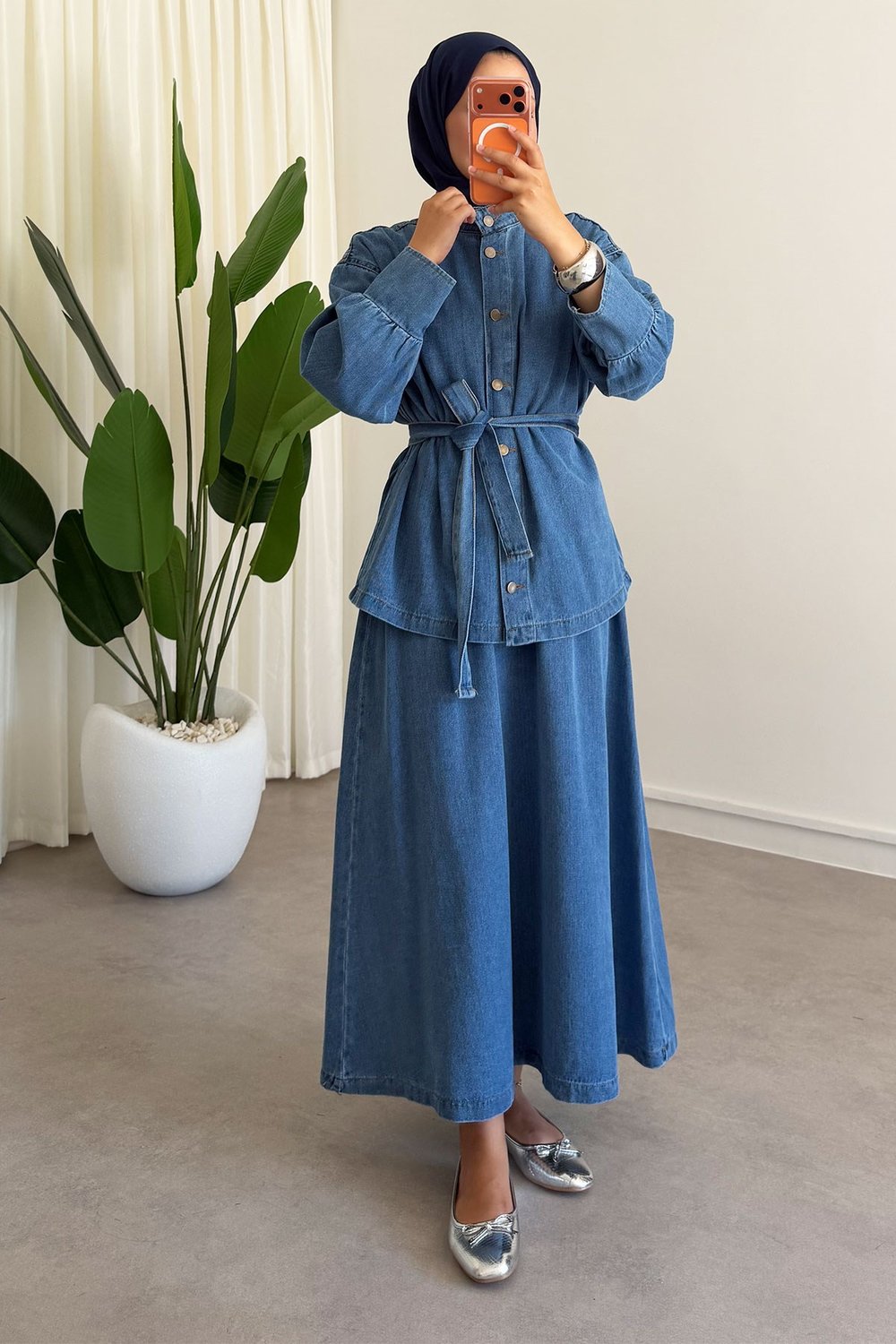 Denim Etekli Takım - Açık Kot