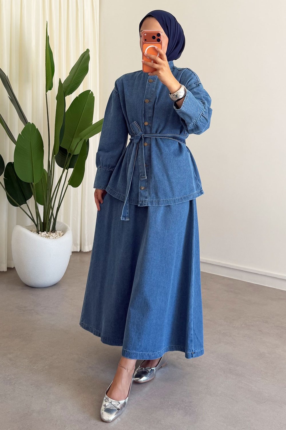 Denim Etekli Takım - Açık Kot