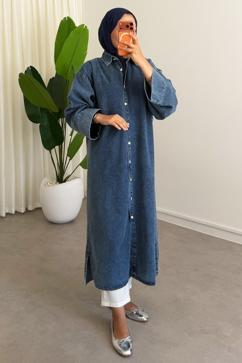 Denim Gömlek Elbise - Açık Kot