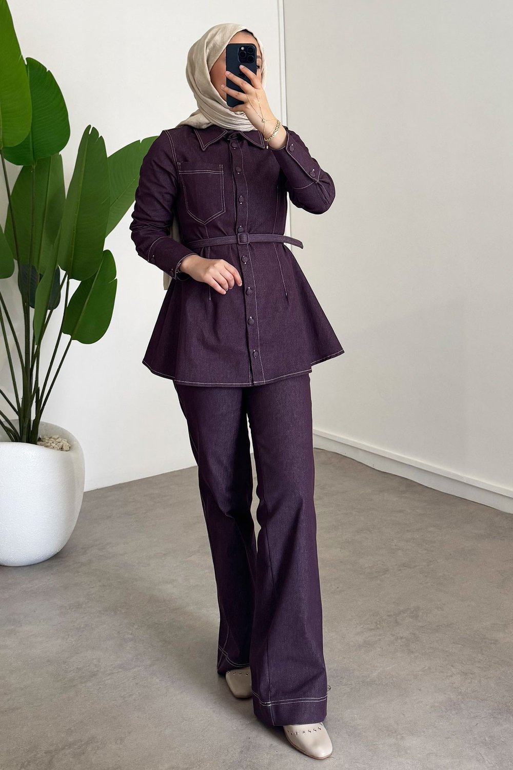 Denim Kemerli Takım - Bordo