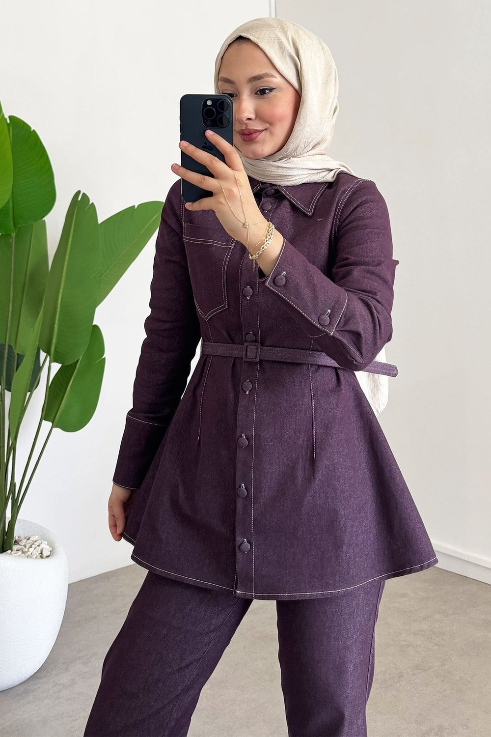 Denim Kemerli Takım - Bordo
