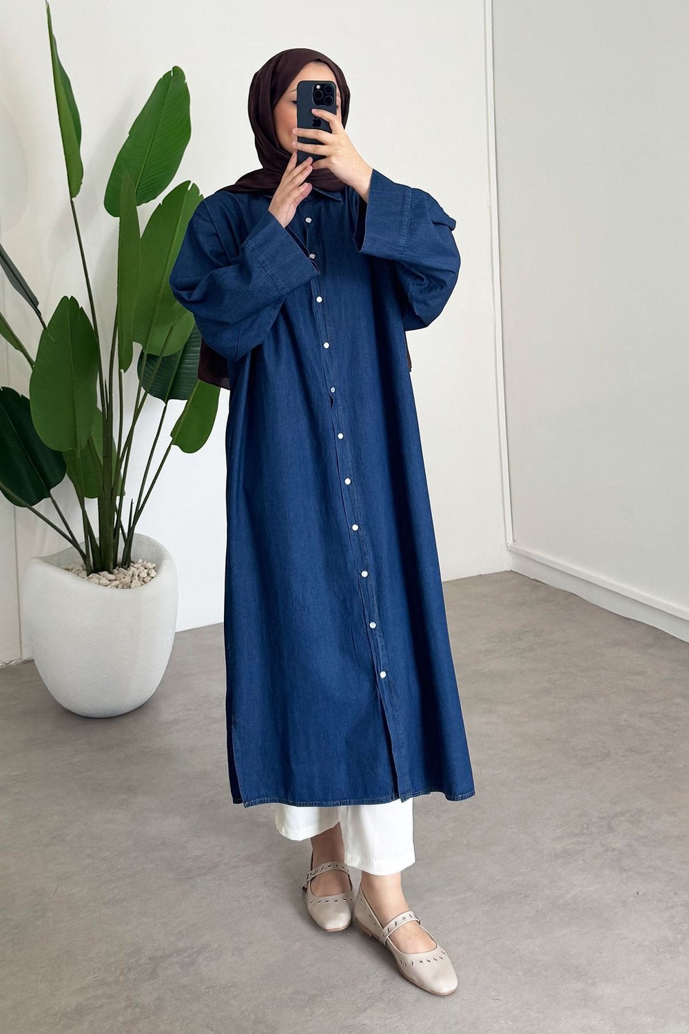 Denim Tensel Gömlek Elbise - Koyu Kot