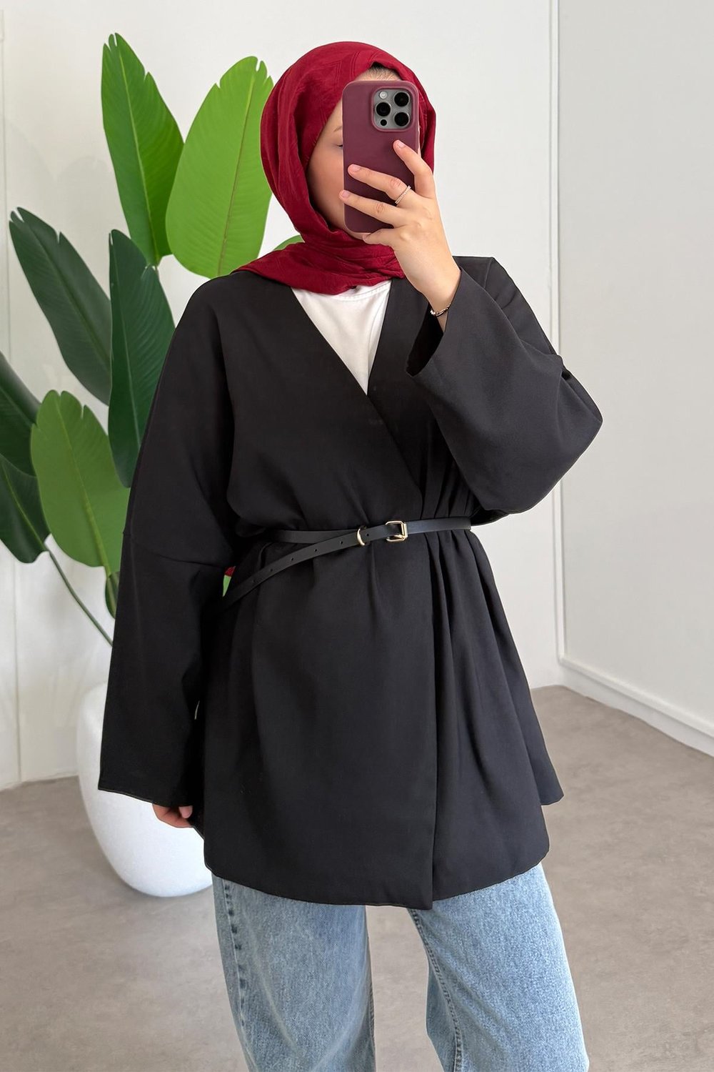 Deri Kemerli Kimono - Siyah